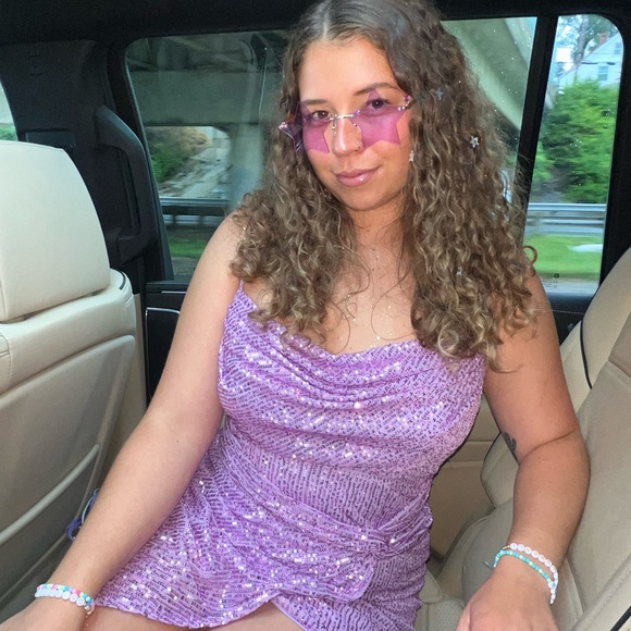 Hello Molly Lilac Twisted Shine Sequin Mini Dress Size Large - Picture 3 of 4